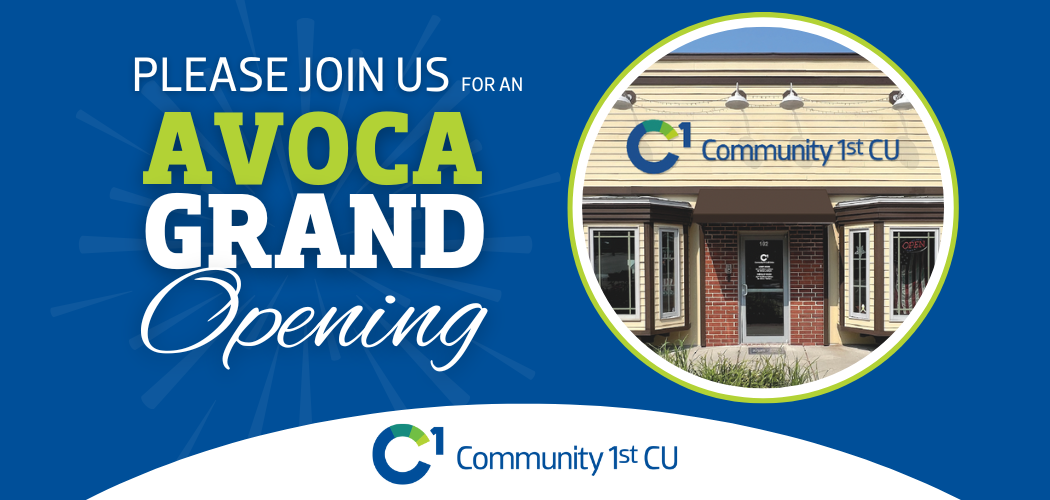 Exterior view of the Avoca branch with text inviting people to join the Avoca Grand Opening.