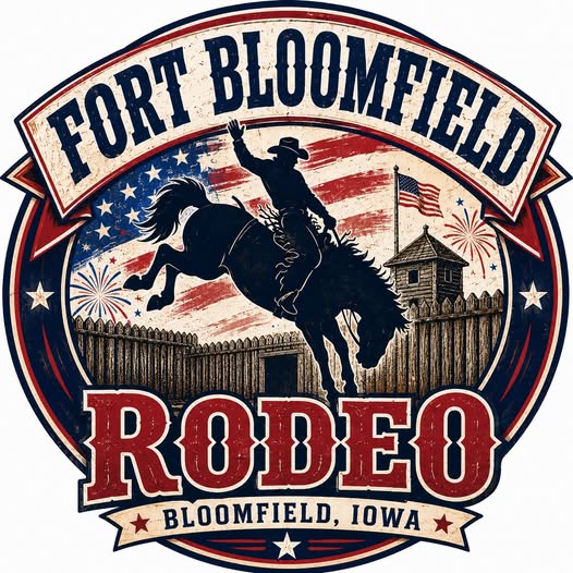 Fort Bloomfield Rodeo logo with cowboy riding a bucking horse.