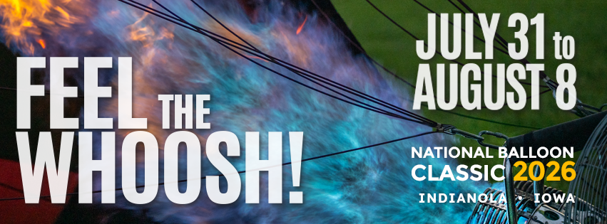 Indianola National Balloon Classic, Feel the Whoosh! July 31 to August 8, has a pretty sky and an air balloon.