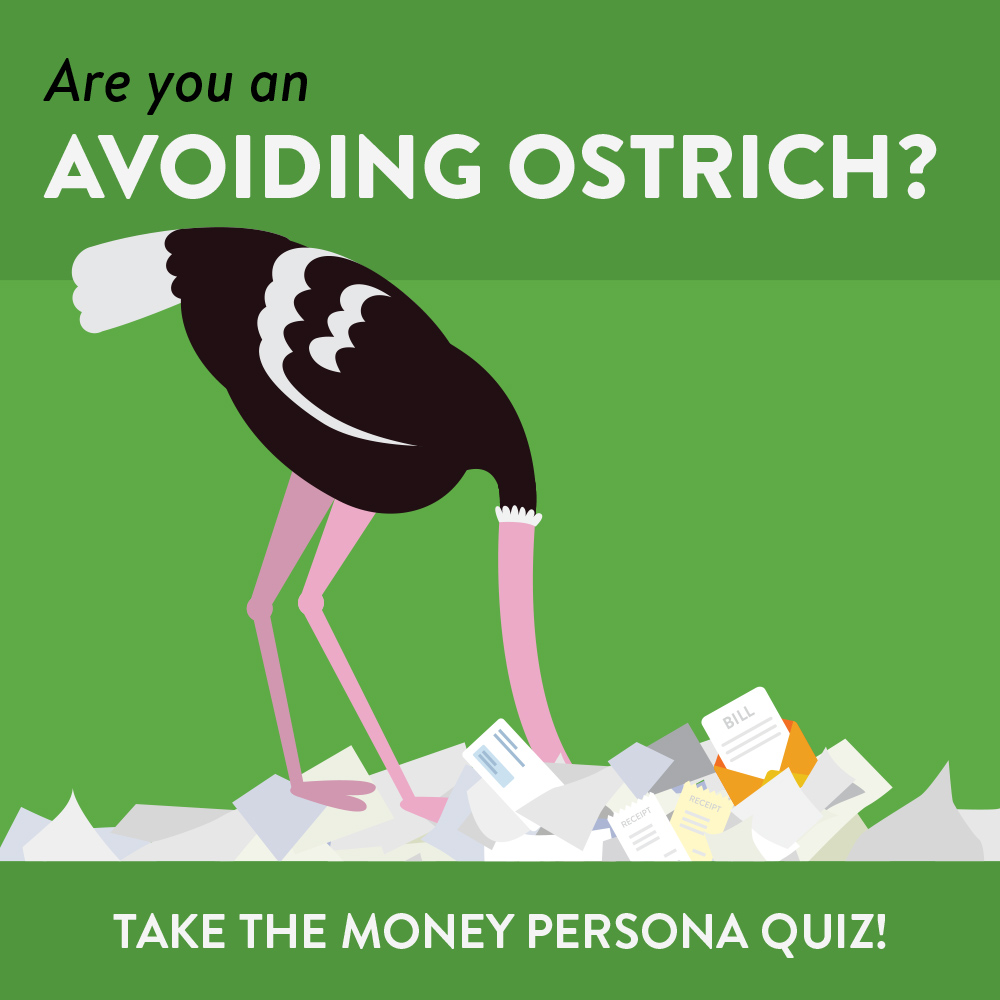 Ostrich putting its head in a pile of bills | common money beliefs