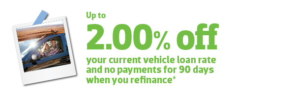up to 2.00% off your vehicle loan rate and 90 days no payment when you refinance 